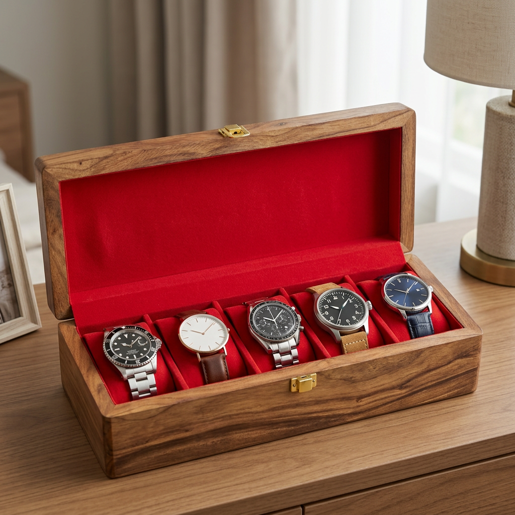 Wooden Watch Box with 5 Slots & Red Lining | Happy Gift