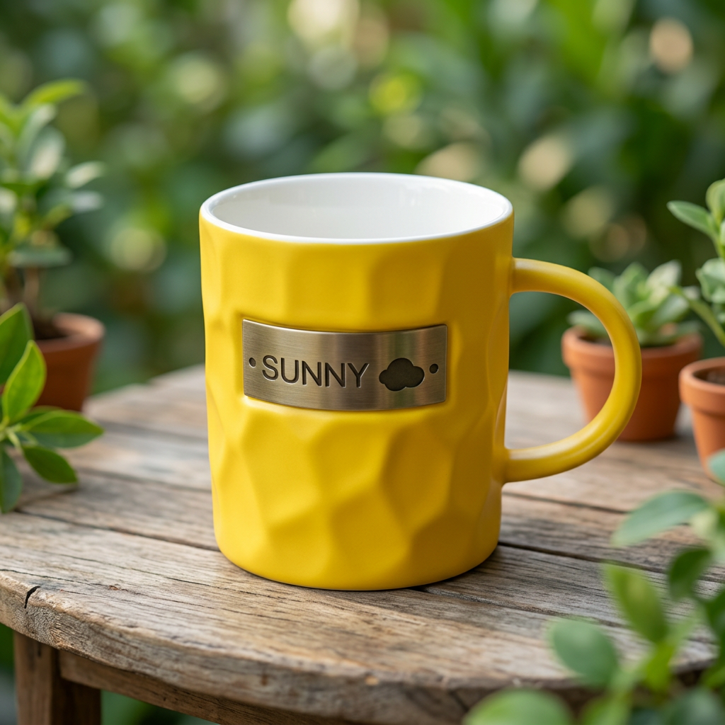 Yellow SUNNY Ceramic Mug with Textured Design | Happy Gift