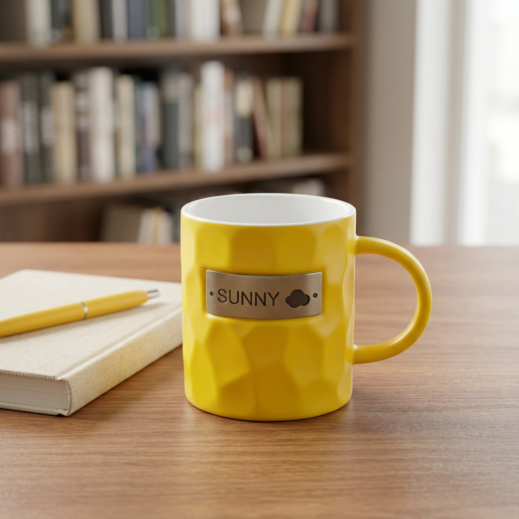 Yellow SUNNY Ceramic Mug with Textured Design | Happy Gift