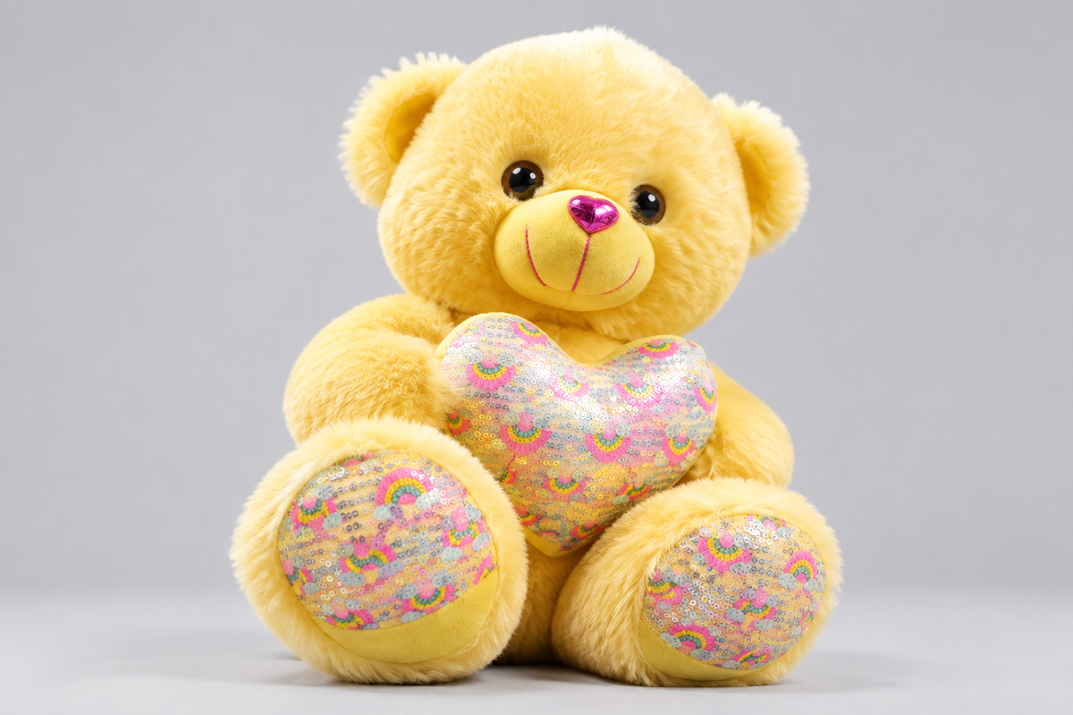 43CM Yellow Teddy Bear Holding a Rainbow Heart | Happy Gift