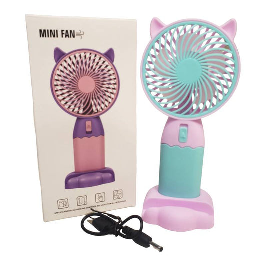 Cute Cat-Ear 2-in-1 Mini Fan – USB Rechargeable with Phone Stand Base