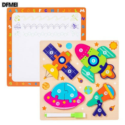 4-in-1 Wooden Puzzle – Numbered Space Explorer Set with Dry-Erase Marker for Early STEAM Skills