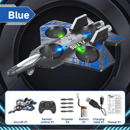 Thunder Charge VTOL RC Flying Fighter Drone – 2.4GHz Remote Control, LED Lights (Blue)