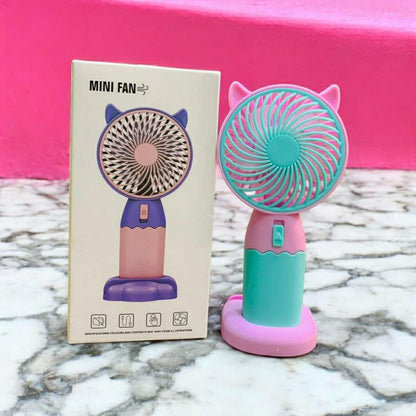 Cute Cat-Ear 2-in-1 Mini Fan – USB Rechargeable with Phone Stand Base