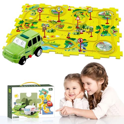 Railcar Puzzle Track Playset – Dinosaur Adventure Road Map with Vehicle Toy