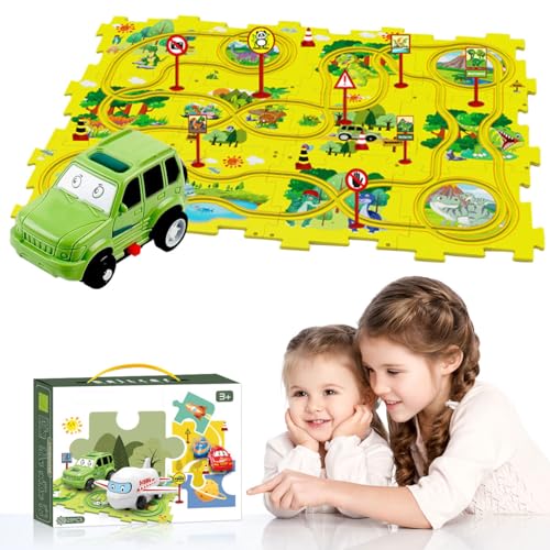 Railcar Puzzle Track Playset – Dinosaur Adventure Road Map with Vehicle Toy