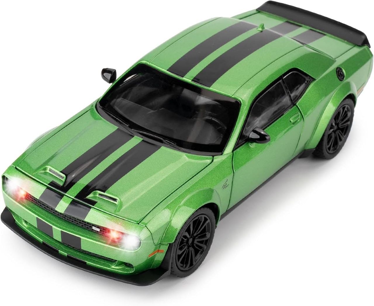 Dodge Challenger SRT Die-Cast Model Car – 1:24 Scale Green Muscle Car with Racing Stripes