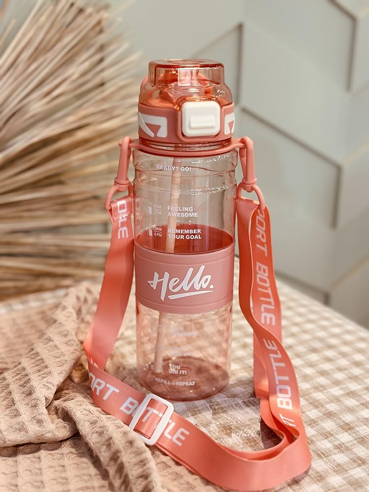 "Hello" Motivational Transparent Water Bottle with Straw and Carrying Strap