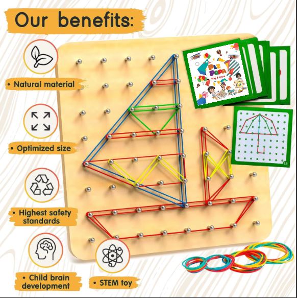 Montessori Wooden GeoBoard – Creative Rubber Band Puzzle