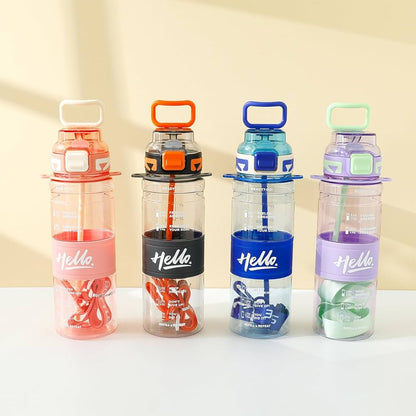 "Hello" Motivational Transparent Water Bottle with Straw and Carrying Strap