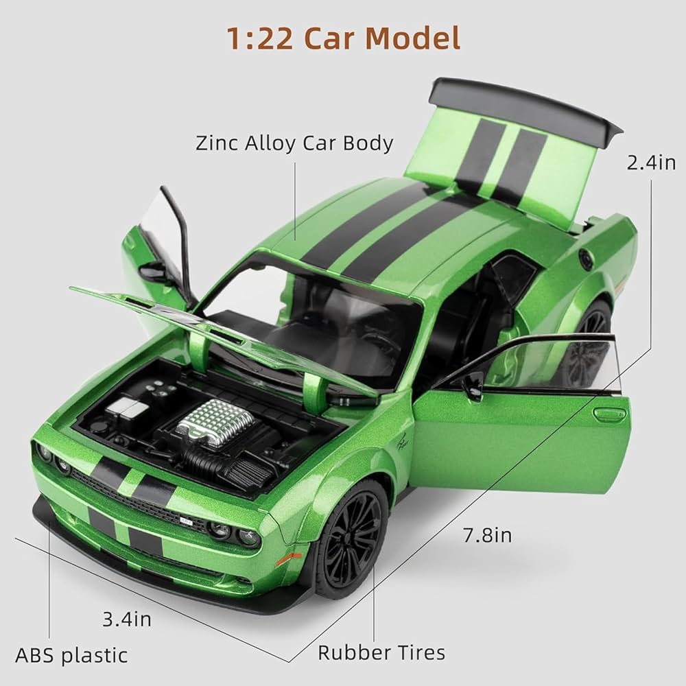 Dodge Challenger SRT Die-Cast Model Car – 1:24 Scale Green Muscle Car with Racing Stripes