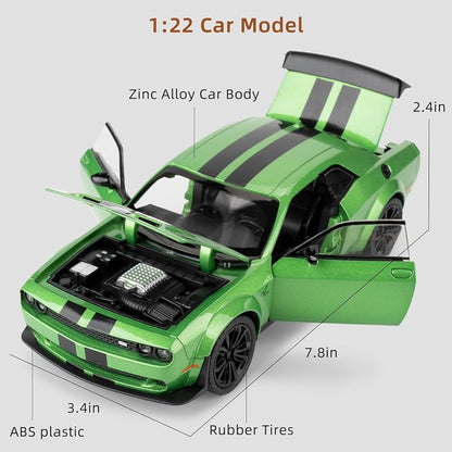 Dodge Challenger SRT Die-Cast Model Car – 1:24 Scale Green Muscle Car with Racing Stripes