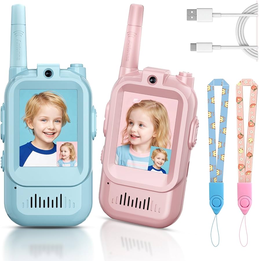 Kids Video Walkie Talkie Set – Dual-Way Interactive Video & Voice Intercom, HD Camera, Rechargeable Toy with Lanyard (Pink & Blue)