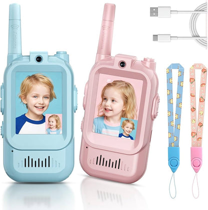 Kids Video Walkie Talkie Set – Dual-Way Interactive Video & Voice Intercom, HD Camera, Rechargeable Toy with Lanyard (Pink & Blue)