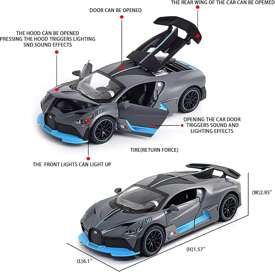 1:24 Scale Bugatti Divo Diecast Model Car – Matte Black with Blue Accents