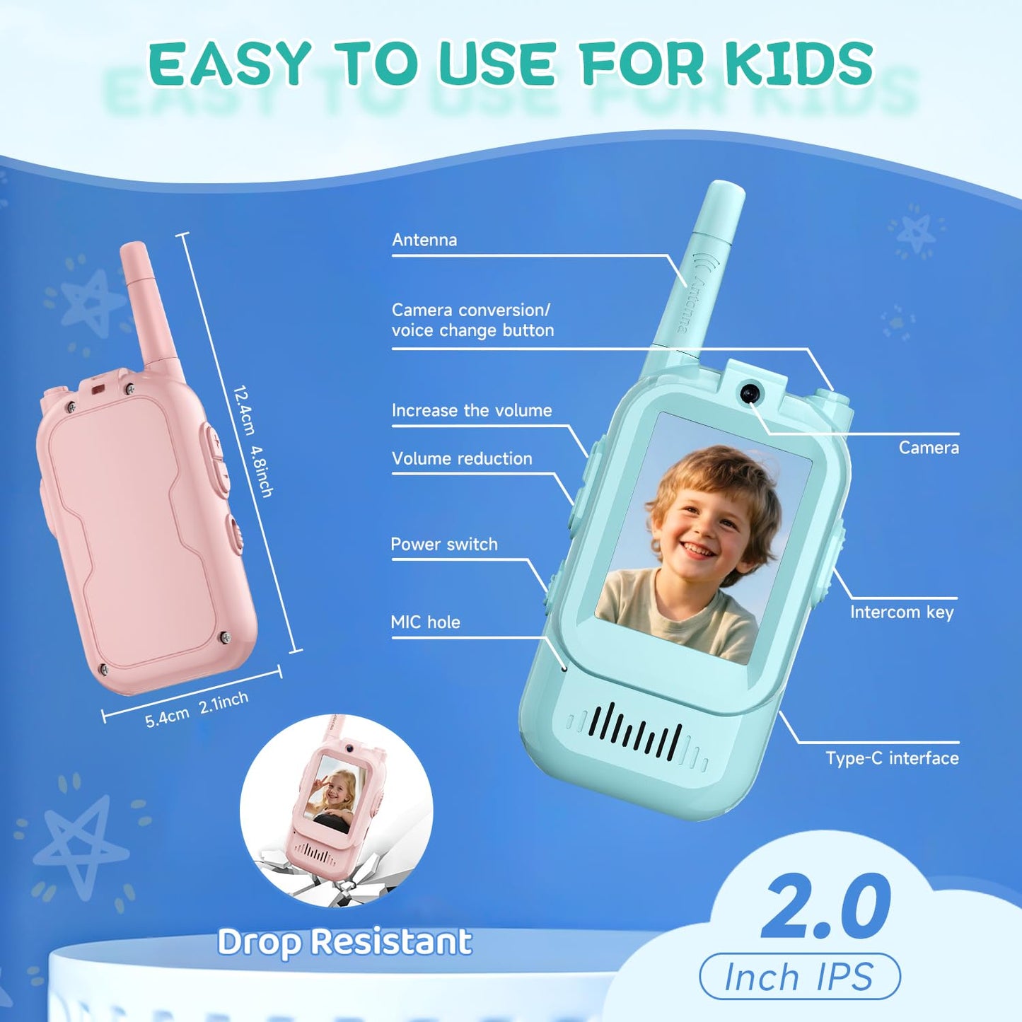 Kids Video Walkie Talkie Set – Dual-Way Interactive Video & Voice Intercom, HD Camera, Rechargeable Toy with Lanyard (Pink & Blue)