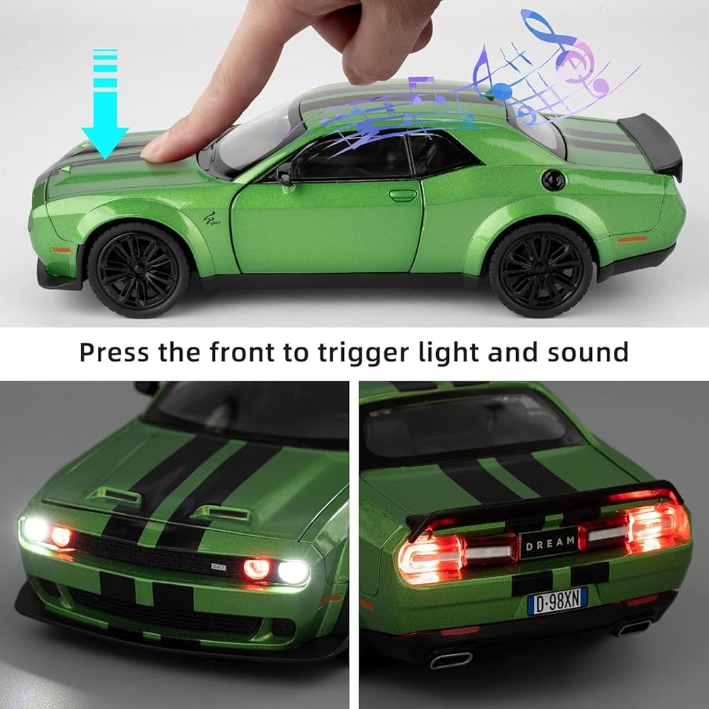 Dodge Challenger SRT Die-Cast Model Car – 1:24 Scale Green Muscle Car with Racing Stripes