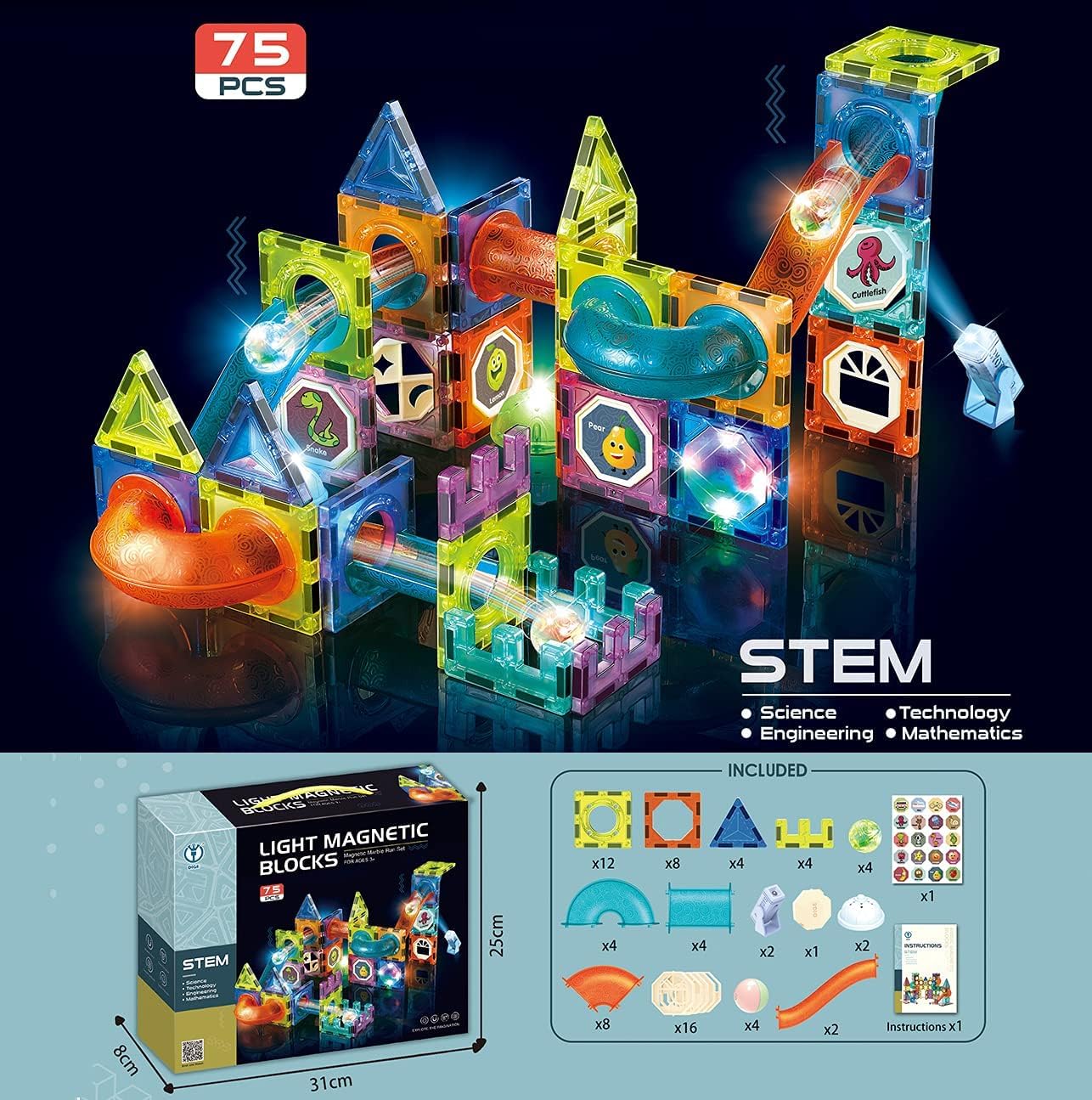 Magnetic Blocks Marble Run STEM Light (75-Piece)