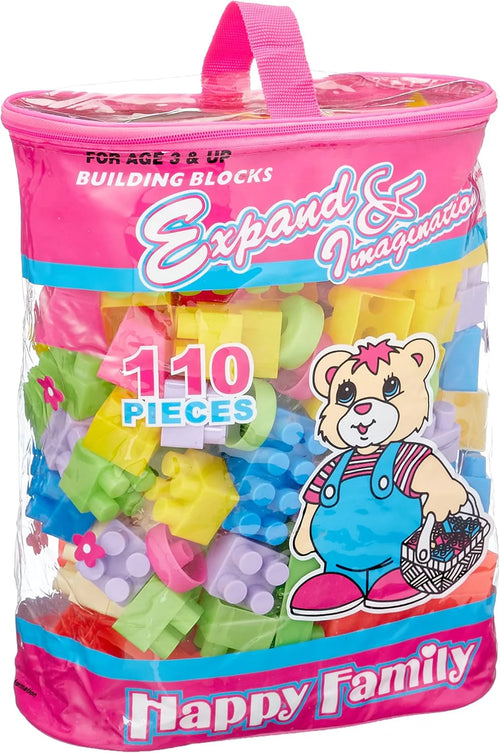 Happy Family 110-Piece Building Blocks Set - Pastel Educational Bricks in Pink Zipper Storage Bag