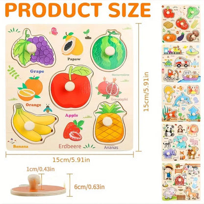 Garden Fresh Fruit Peg Puzzle – 9-Piece Wooden Learning Board for Vocabulary, Color Matching & Fine Motor Skills