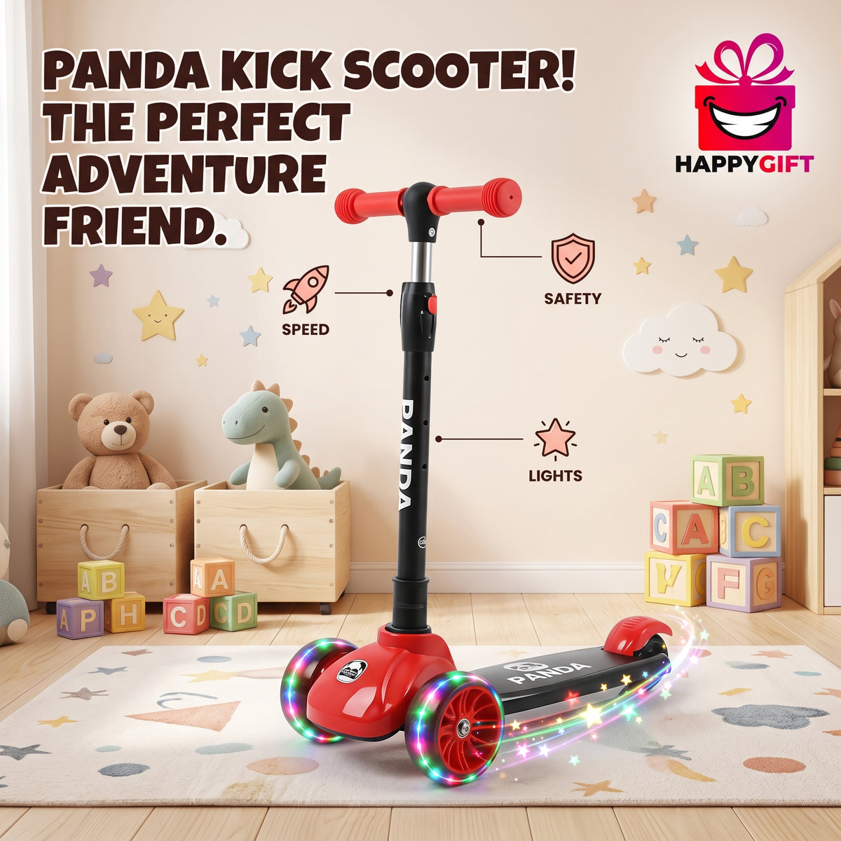 Panda 3-Wheel Kick Scooter for Kids with Flashing LED Wheels & Adjustable Handlebar