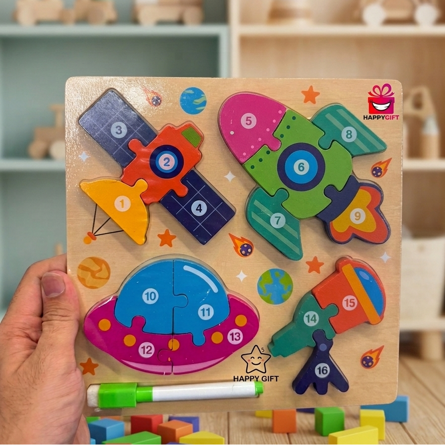 4-in-1 Wooden Puzzle – Numbered Space Explorer Set with Dry-Erase Marker for Early STEAM Skills