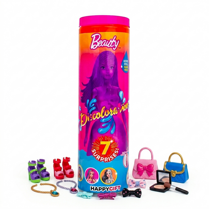 Color Reveal Surprise Doll Cylinder – 7 Surprises Mystery Fashion Doll Set with Color Change & Accessories