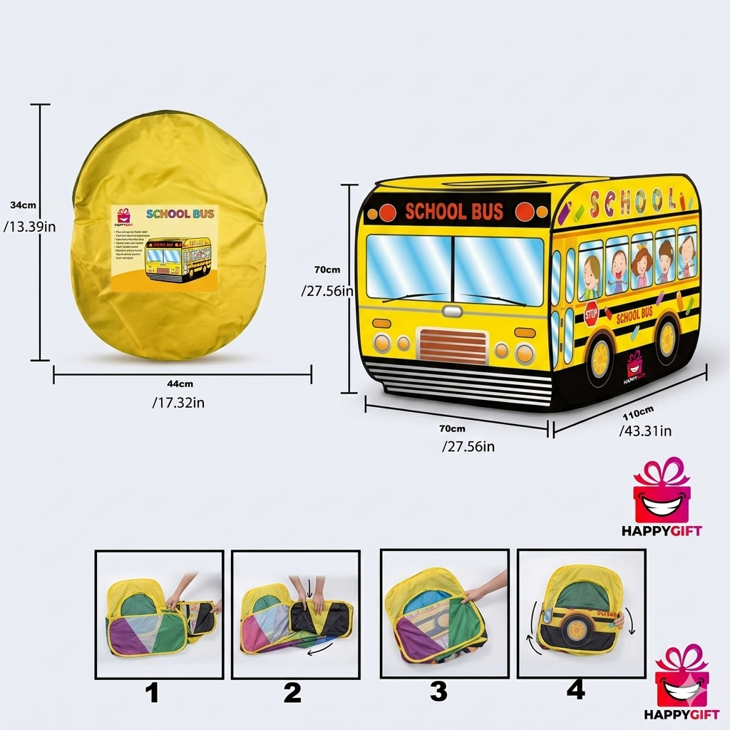 Kids Pop-Up School Bus Play Tent House & Toy Organizer (Premium Yellow Edition)