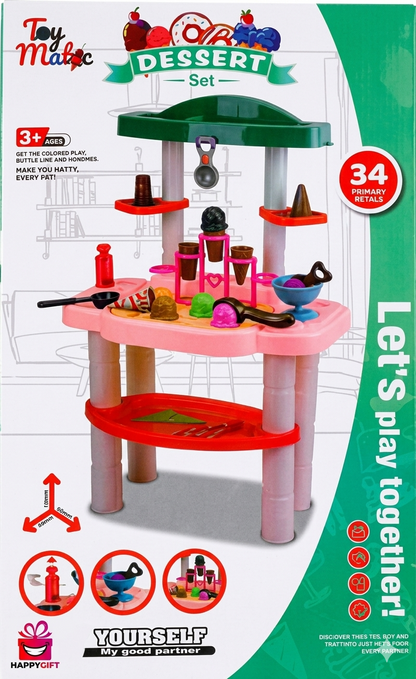 Dessert Kids Play Ice Cream & Dessert Stand Toy – 34-Piece DIY Sweet Shop Luxury Kitchen Playset for Toddlers