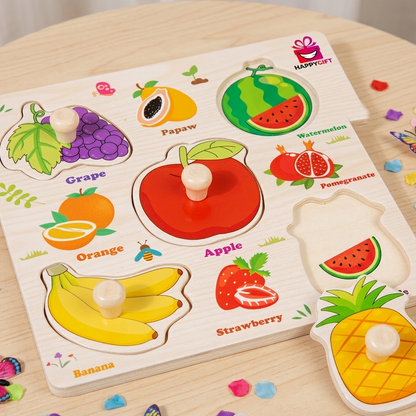 Garden Fresh Fruit Peg Puzzle – 9-Piece Wooden Learning Board for Vocabulary, Color Matching & Fine Motor Skills