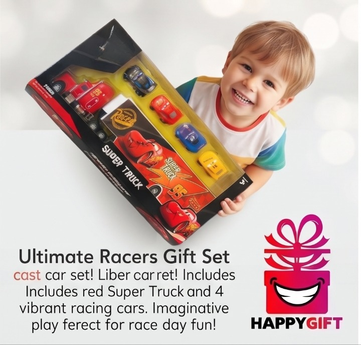 A thrilling 6-piece die-cast car set featuring the legendary red Super Truck and 4 vibrant racing cars.