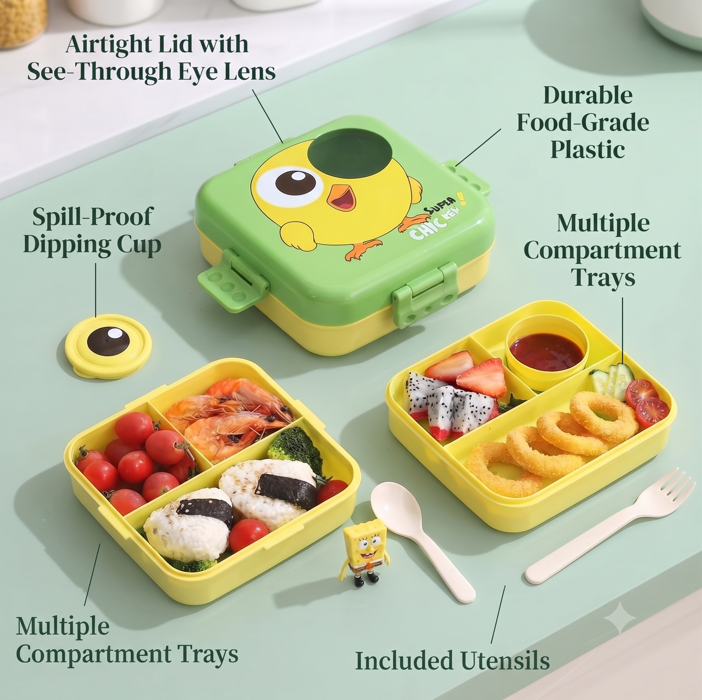 Super Chicken Kids Bento Box - Cute Compartment Lunch Container with Utensils & Dipping Cup