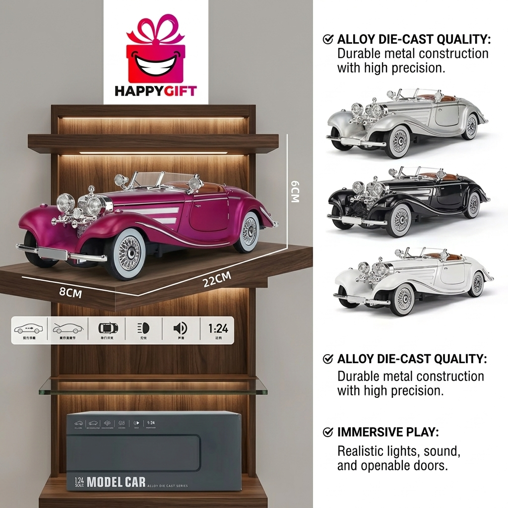 1:24 Vintage Die-Cast Luxury Model Car – Premium Alloy Collectible Toy Vehicle with Sound, Lights, & Opening Doors for Kids and Collectors