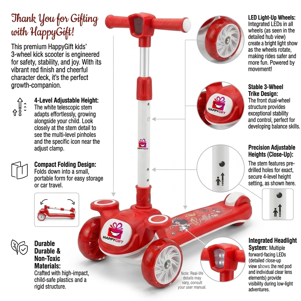 3-Wheel Kick Scooter with Light-Up Wheels | Adjustable Height & Foldable Design for Toddlers & Children