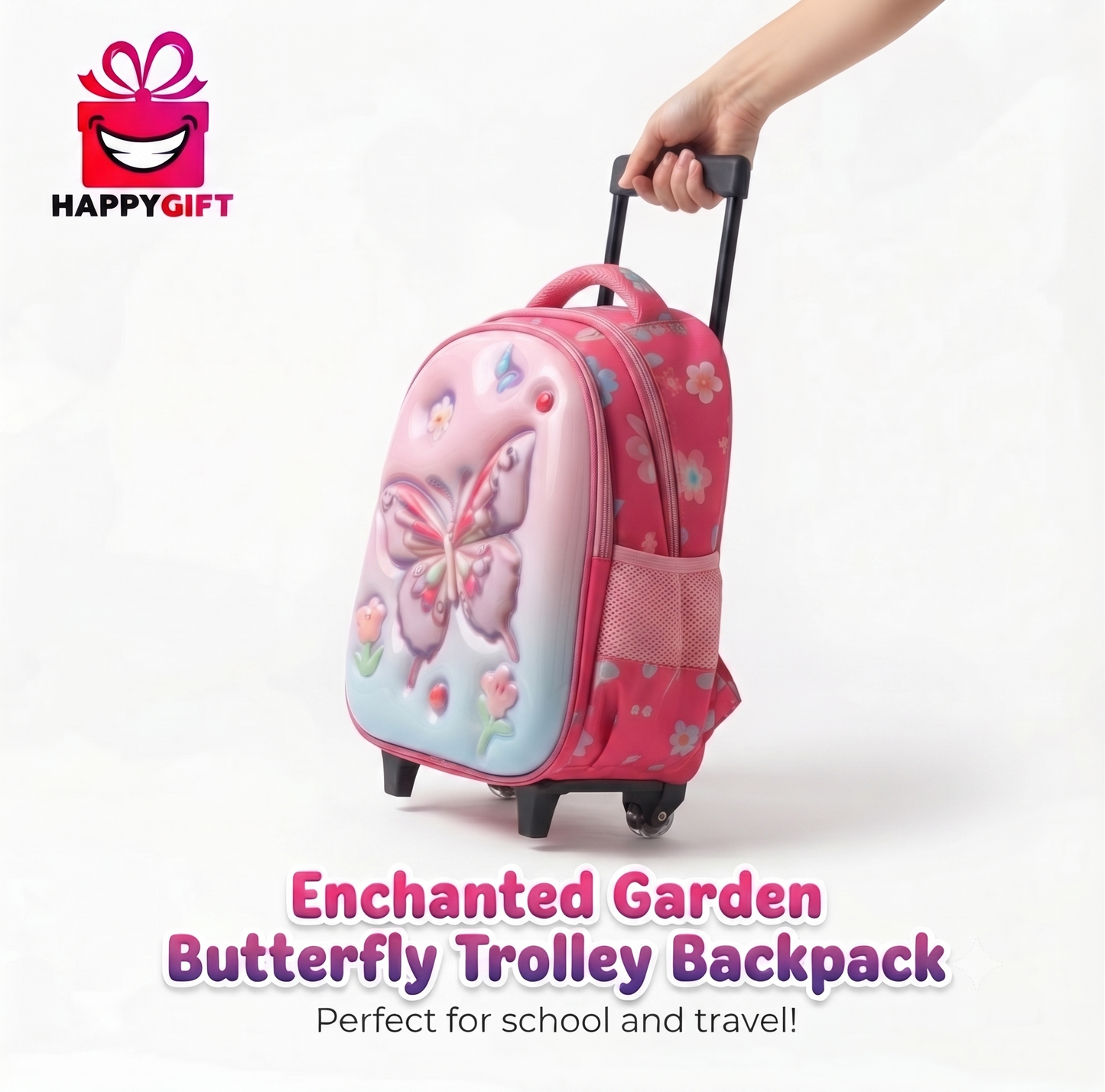 Enchanted Garden Butterfly 3D Trolley Backpack for Kids - Lightweight Rolling School Bag