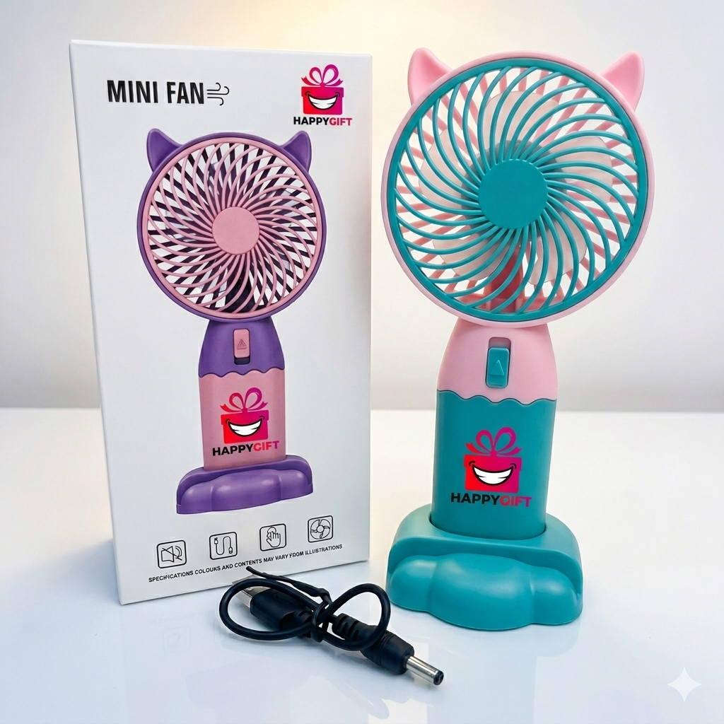 Cute Cat-Ear 2-in-1 Mini Fan – USB Rechargeable with Phone Stand Base