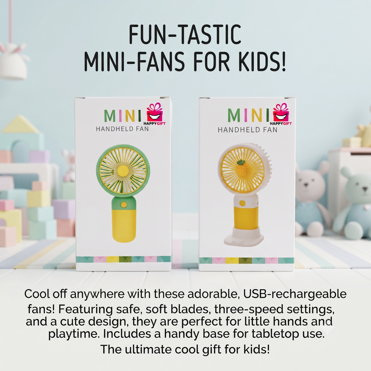 HAPPY GIFT MINI HANDHELD & TABLETOP FAN – Portable USB Rechargeable Kids Cooling Fan with 3-Speed Settings