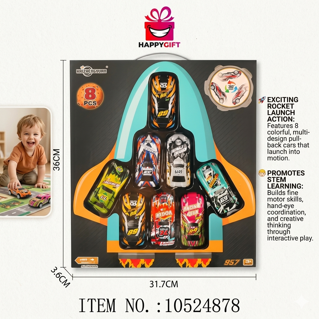 8-Piece Mega Racing Car Set with Pull-Back Action - Rocket-Themed Collector Box