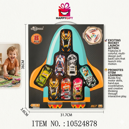 8-Piece Mega Racing Car Set with Pull-Back Action - Rocket-Themed Collector Box