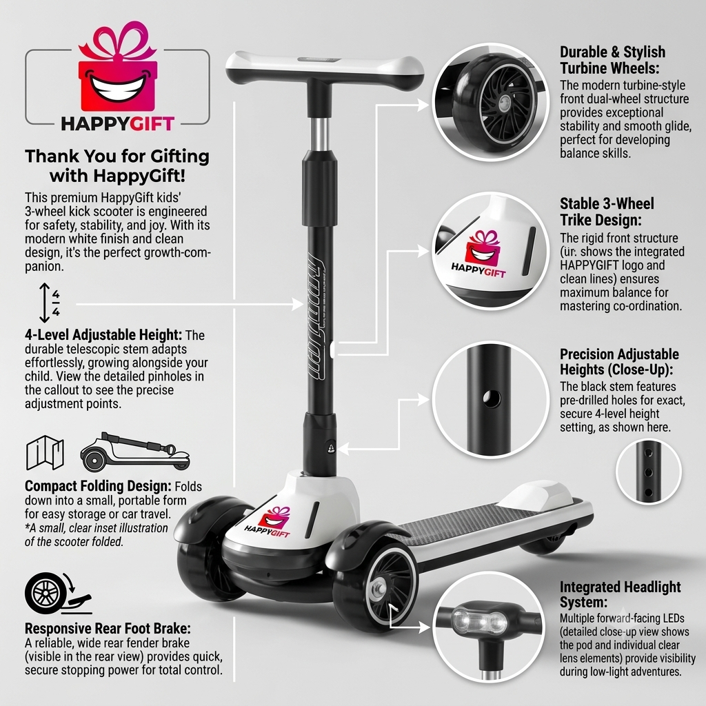 Kids 3-Wheel Kick Scooter with Light-Up Wheels | Adjustable T-Bar & Lean-to-Steer for Boys & Girls (4 Color Options)