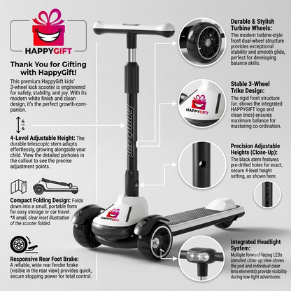 Kids 3-Wheel Kick Scooter with Light-Up Wheels | Adjustable T-Bar & Lean-to-Steer for Boys & Girls (4 Color Options)