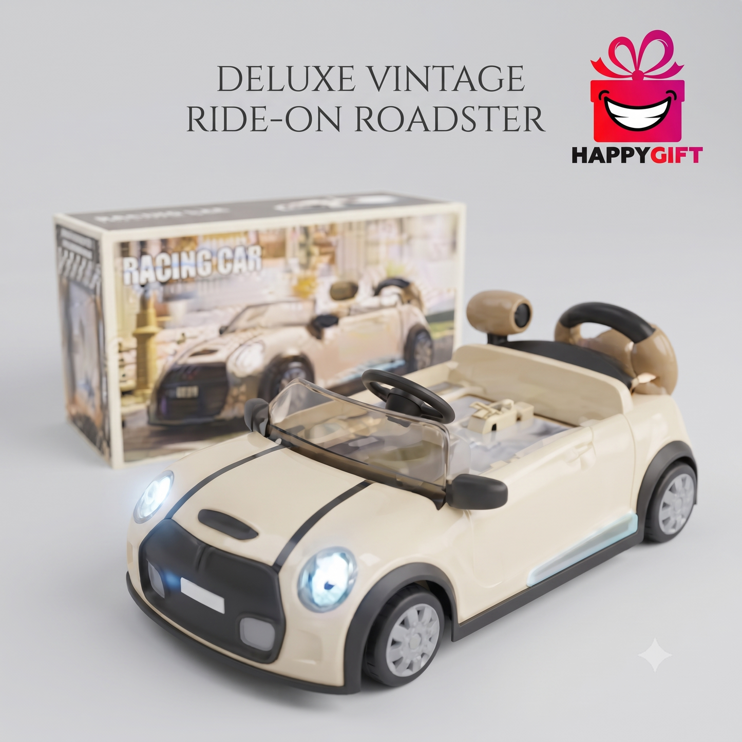 Deluxe Vintage Ride-On Racing Car: Interactive Toy Vehicle with Lights & Display Box