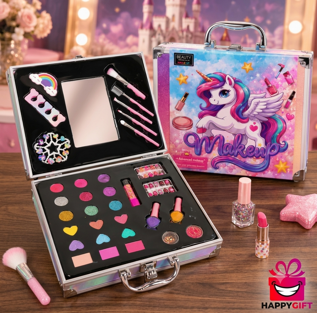 Magical Unicorn Kids Makeup Kit - Washable Pretend Play Vanity Set with Vanity Case