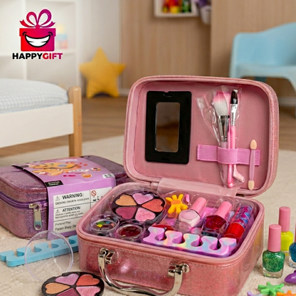 Makeup Kit with Glitter Vanity Case – Washable Cosmetic Playset with Mirror & Nail Polish Accessories for Girls