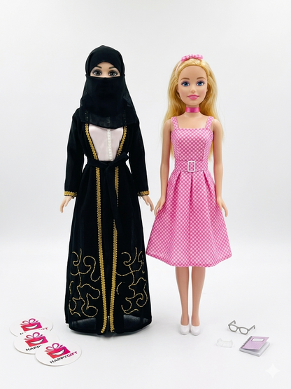 Premium Niqab Fashion Doll Set – Elegant Black Abaya & Pink Dress Toys for Kids