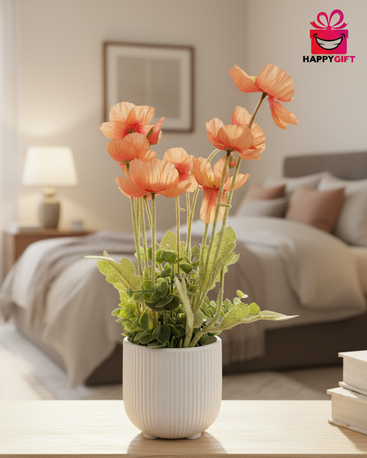 Sunset Poppy Faux Floral in Modern Ribbed Ceramic Pot