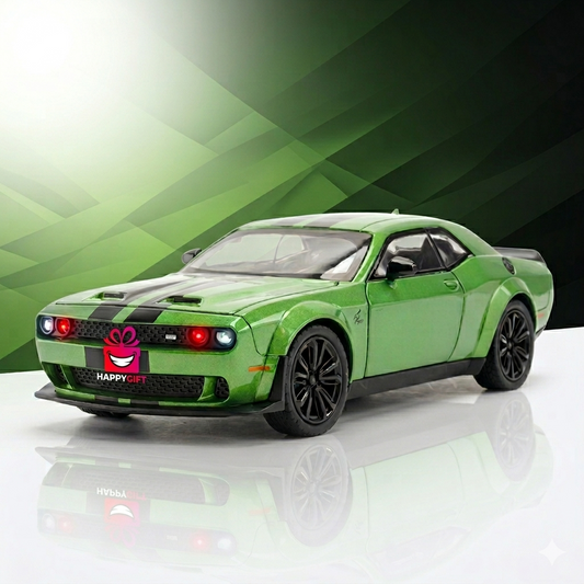 Dodge Challenger SRT Die-Cast Model Car – 1:24 Scale Green Muscle Car with Racing Stripes