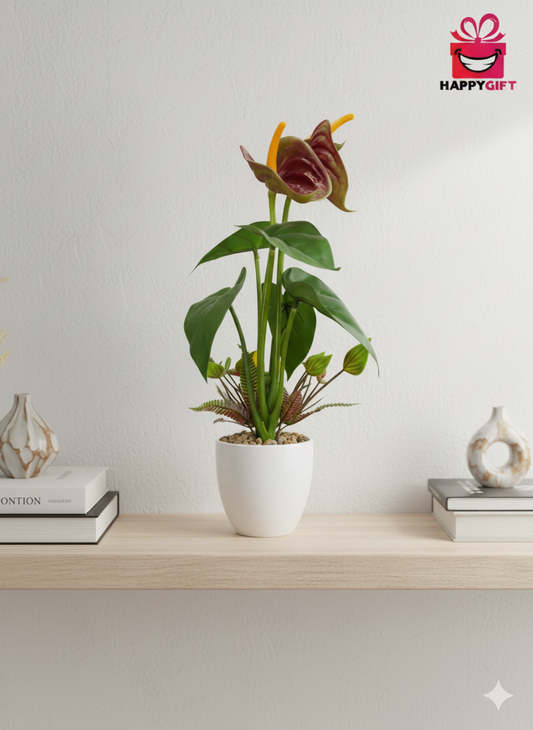 Exotic Faux Anthurium | Burgundy Bloom in Modern White Pot