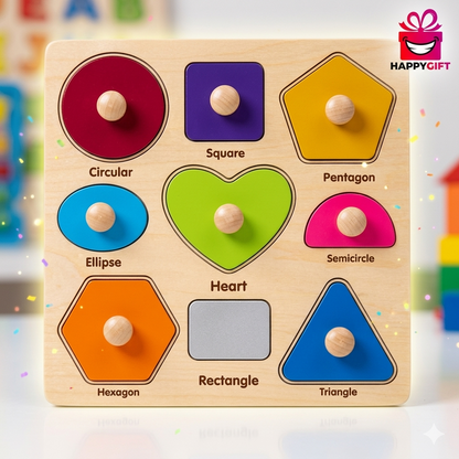 Wooden Geometry Puzzle – 9-Piece Peg Board for Shape Matching, Color Learning & Motor Skills
