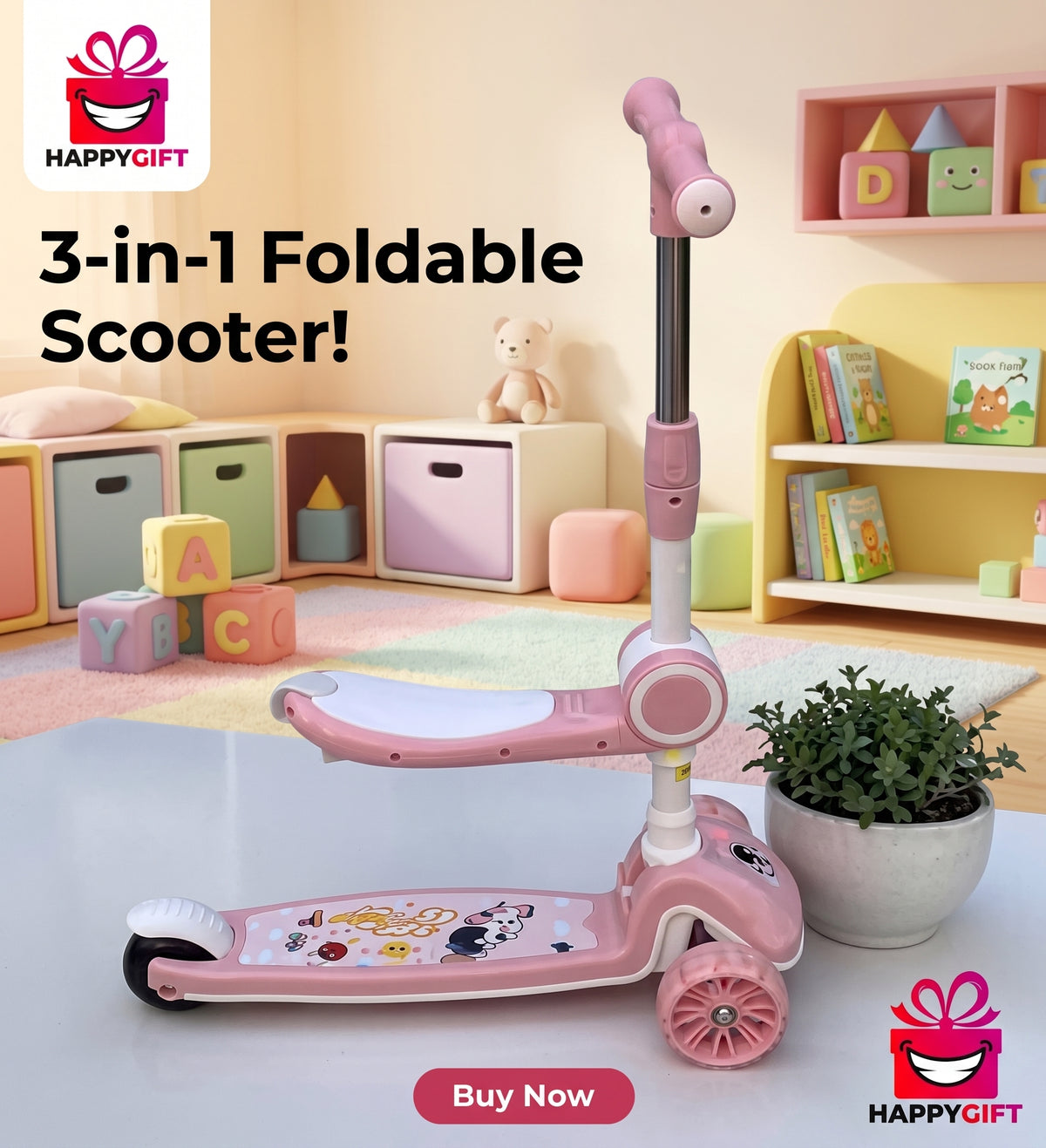 Product Title Premium 3-in-1 Kids Kick Scooter with Foldable Seat, Adjustable Height & LED Light-Up Wheels